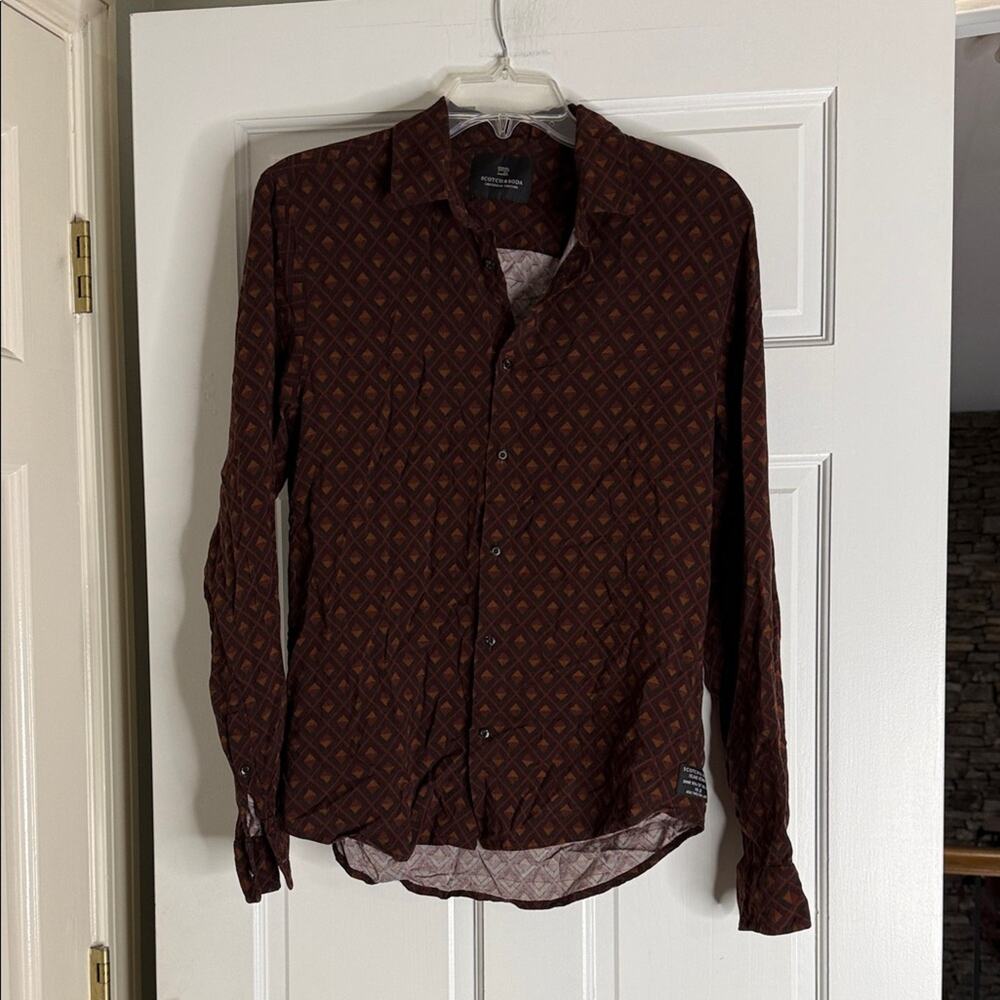 Scotch & Soda Men's Brown Geometric Button Down Shirt medium. aop